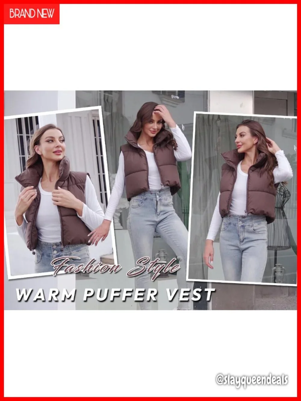 Cropped Puffer Vest Stand Collar Zip Up Sleeveless Insulated Winter Outerwear